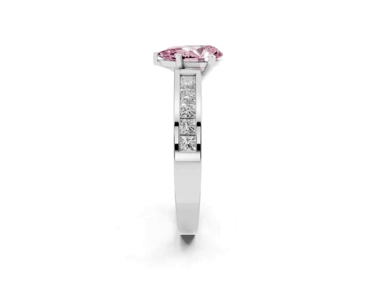 Fancy Pink Pear Cut Solitaire Diamond Ring with Channel-Set Band and Four-Prong Setting Silver