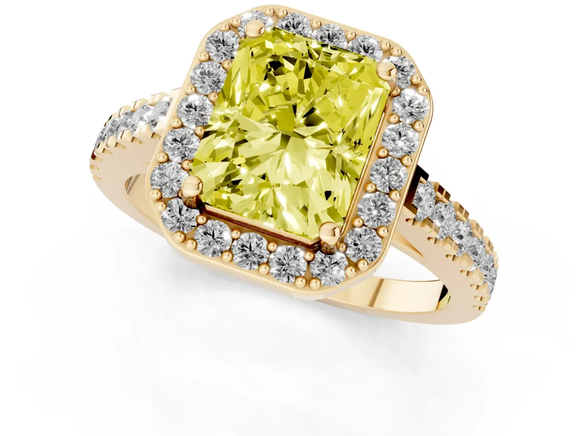 Fancy Yellow Radiant Cut Diamond Halo Ring with Round Pavé Split Shank and Prong Setting Yellow gold