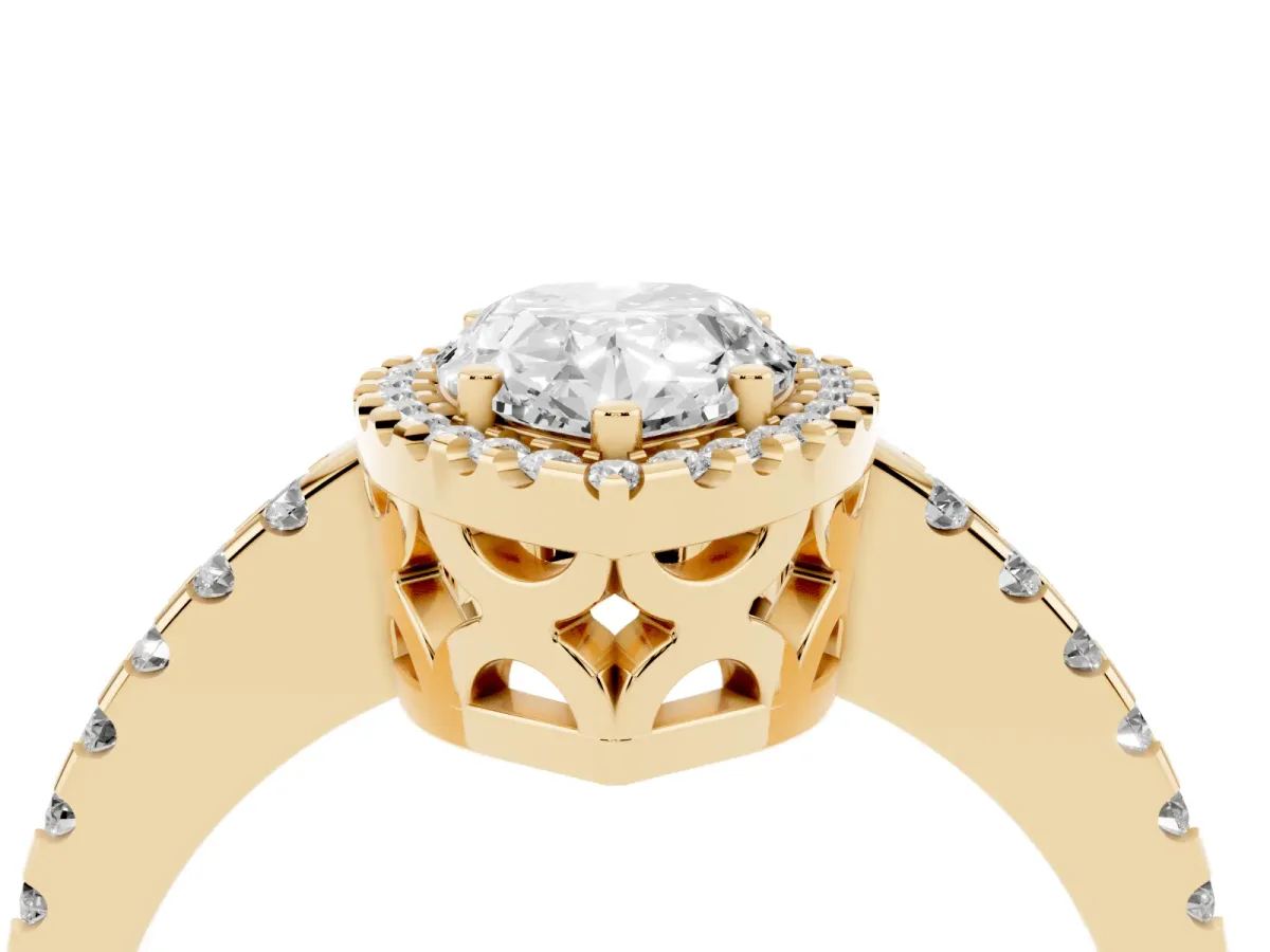 Pear Cut Diamond Halo Engagement Ring with Pavé Band and Prong Setting Yellow gold