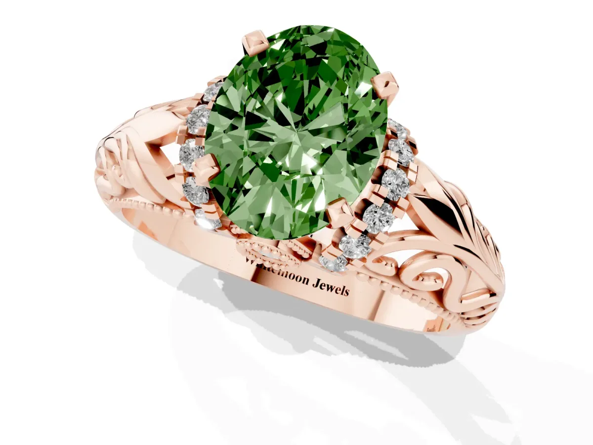 Fancy Green Oval Cut Solitaire Filigree Engagement Ring with Halo and Prong Setting Rose gold