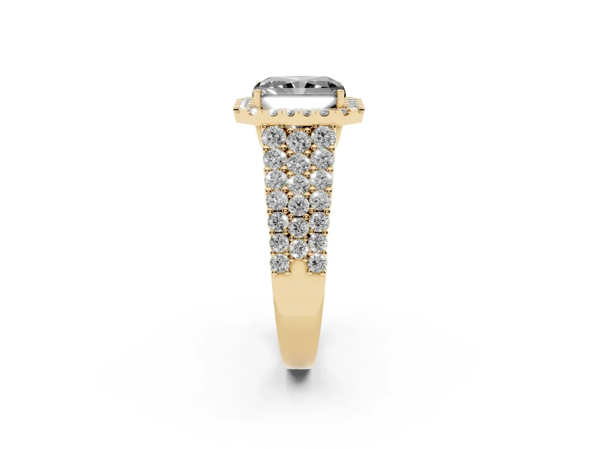 Fancy Black Radiant Cut Diamond Halo Engagement Ring with Triple Row Round Pavé Band and Prong Setting Yellow gold