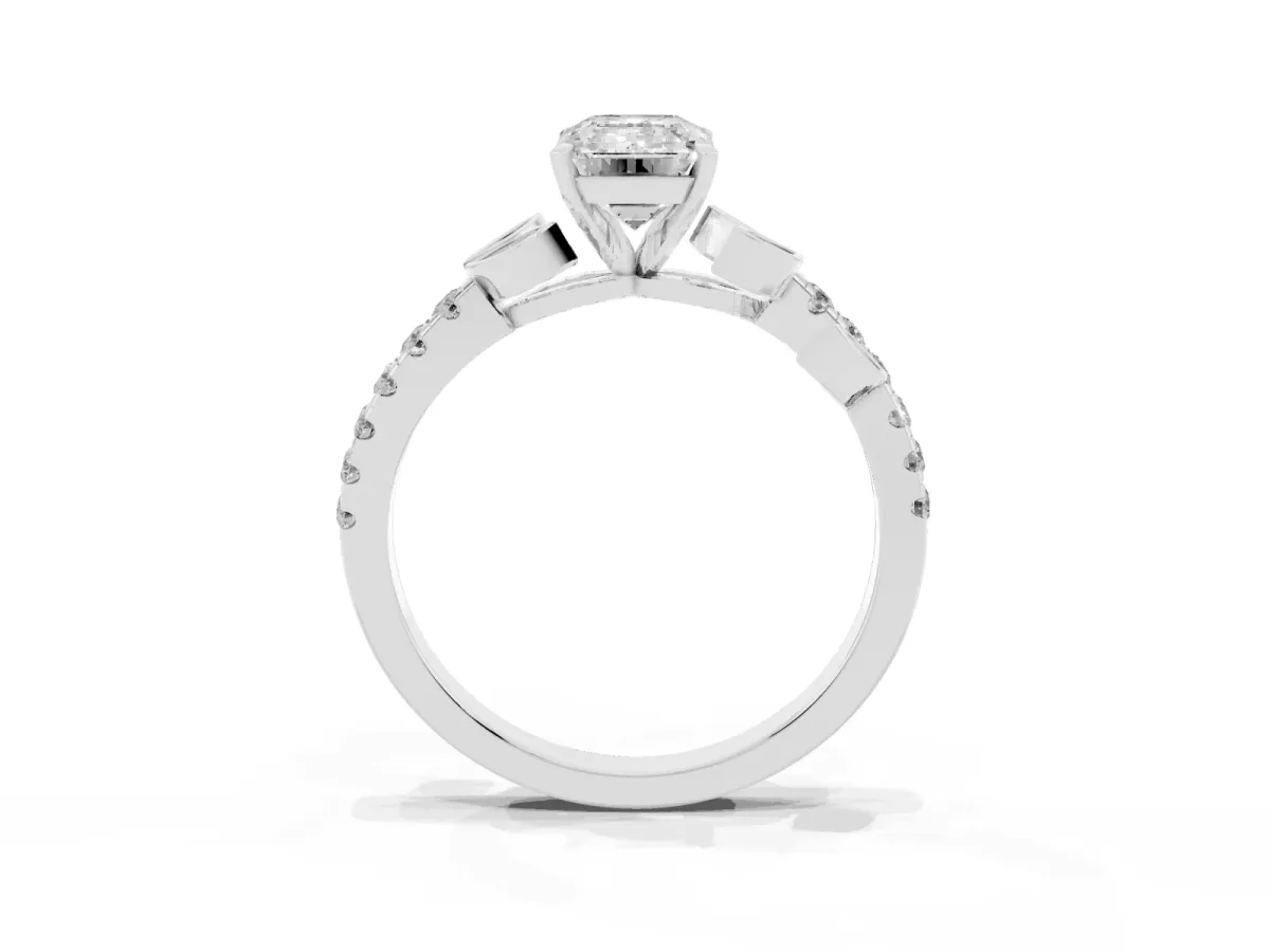 Emerald Cut Solitaire Leaf-Inspired Diamond Ring with Pavé Band and Four-Prong Setting Silver