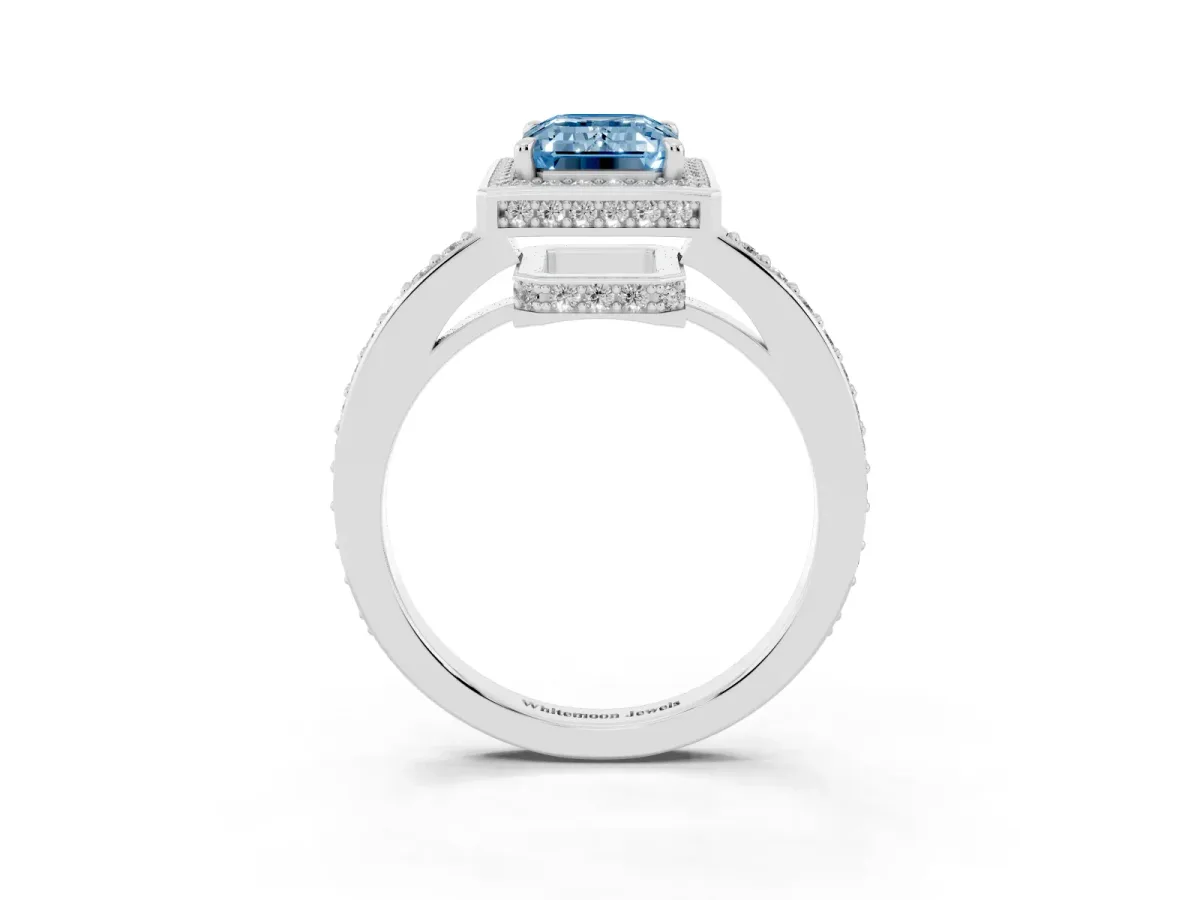 Fancy Blue Emerald Cut Halo Pave Band Solitaire Ring with Prong Setting Silver