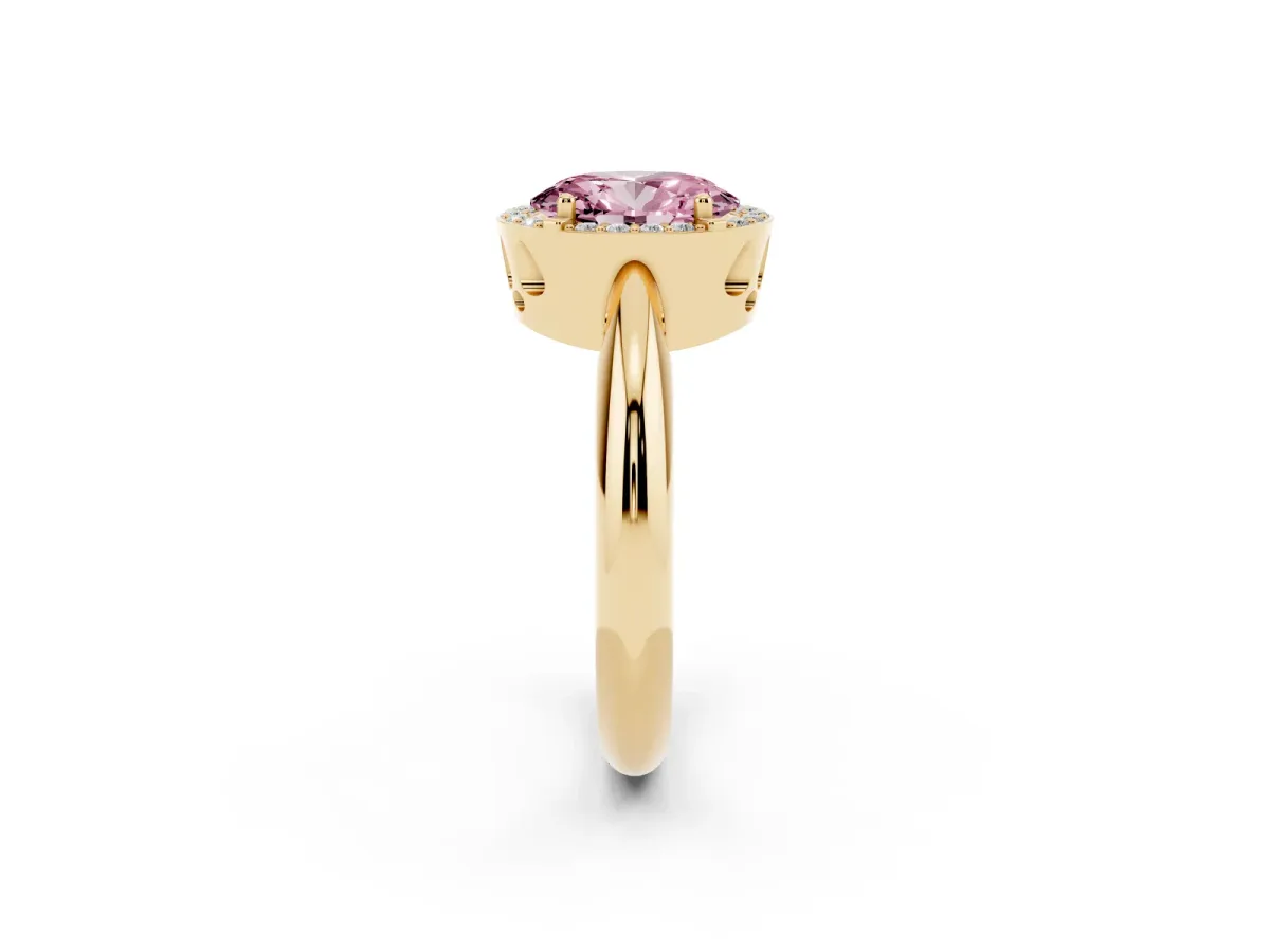 Fancy Pink Oval Cut Cut Diamond Halo Engagement Ring with Split Shank and Four-Prong Setting Yellow gold