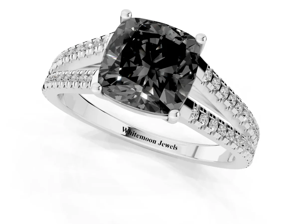 Fancy Black Cushion Cut Diamond Solitaire Engagement Ring with Split Shank Pavé Band Platinum