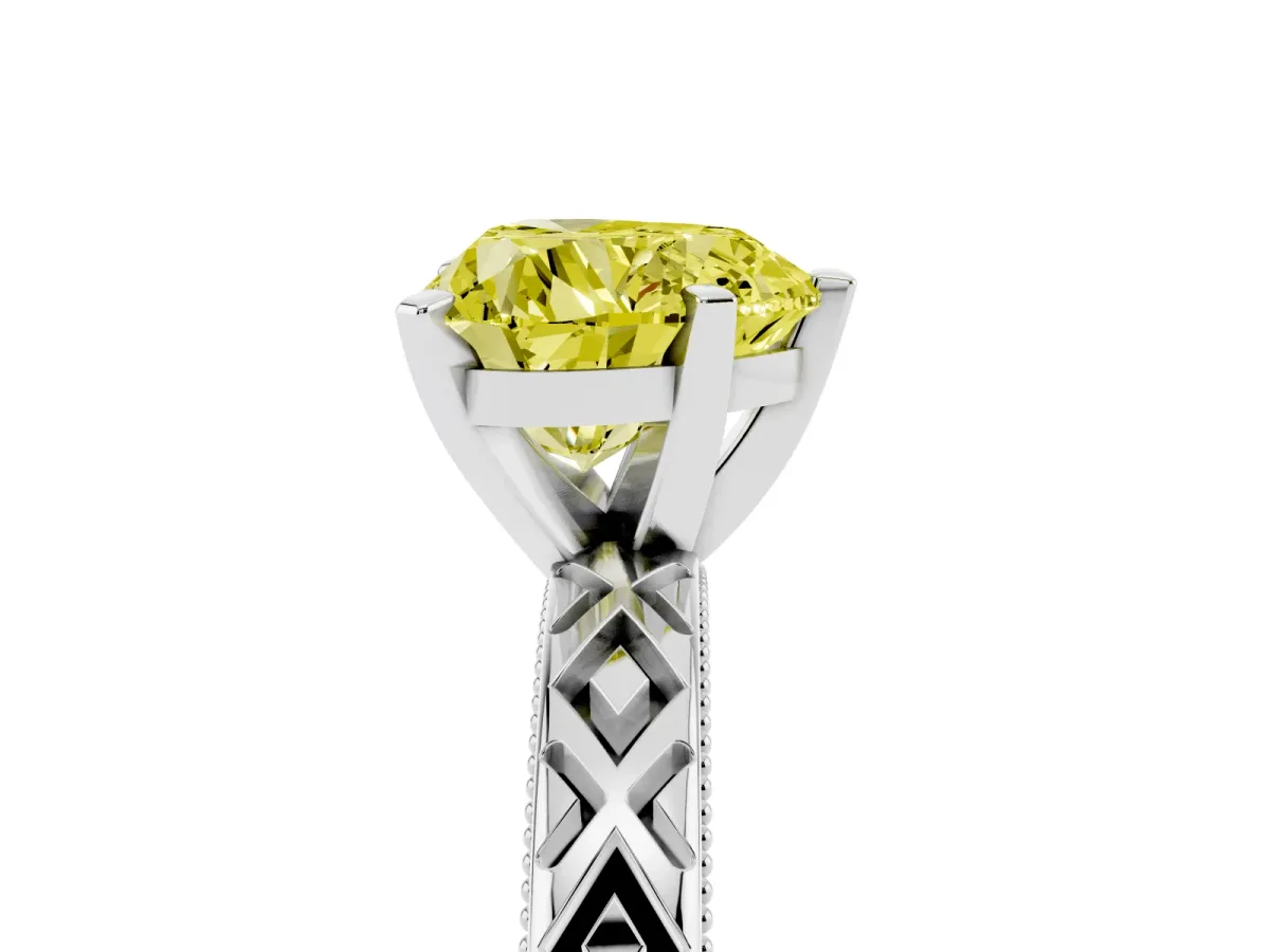 Fancy Yellow Heart Cut Solitaire Diamond Ring with Milgrain and Black Enamel X Pattern Band Silver