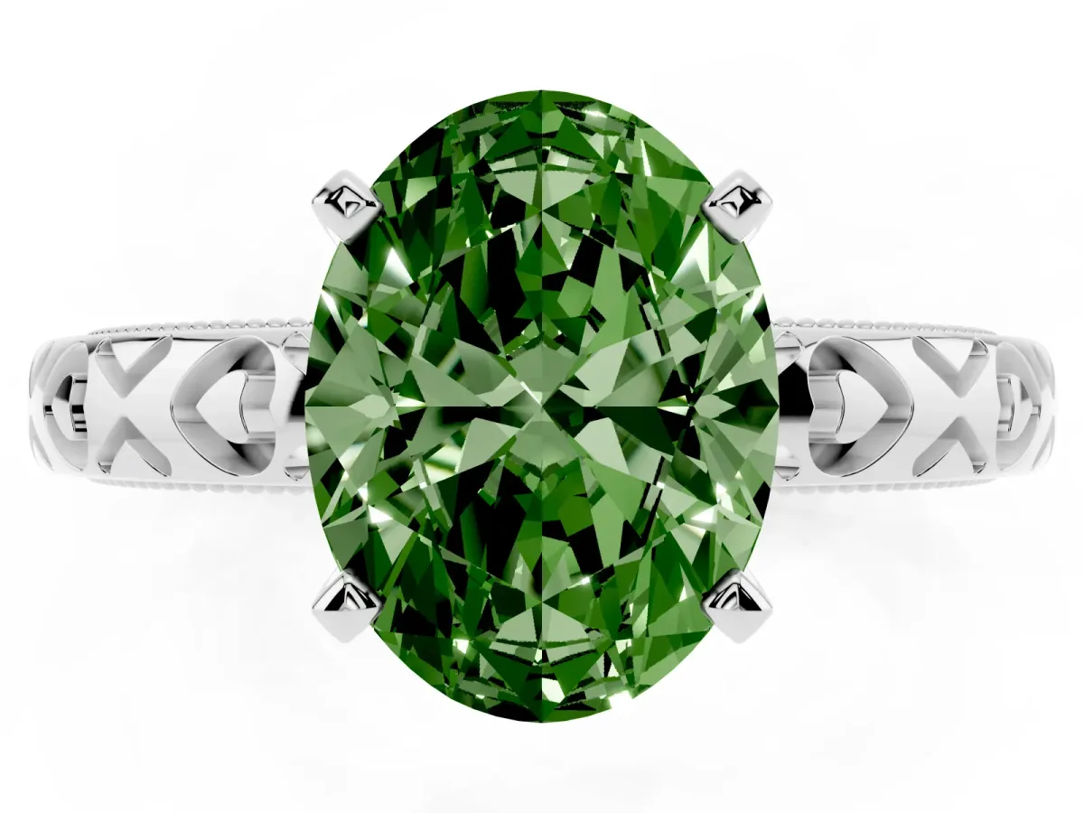 Fancy Green Oval Cut Solitaire Diamond Engagement Ring with XO Engraved Band and Four-Prong Setting Silver