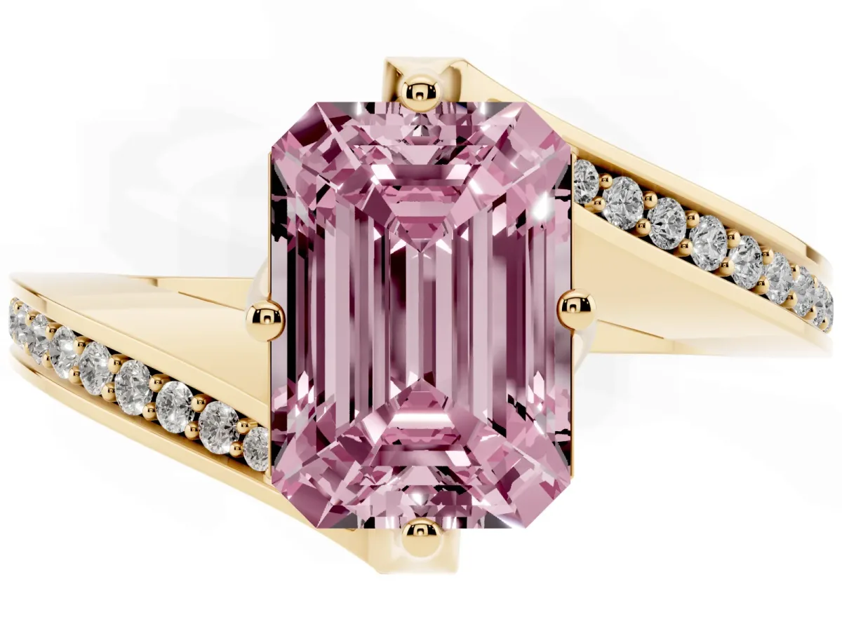 Fancy Pink Emerald Cut Solitaire Diamond Twist Band with Pavé Setting and Four-Prong Setting Yellow gold