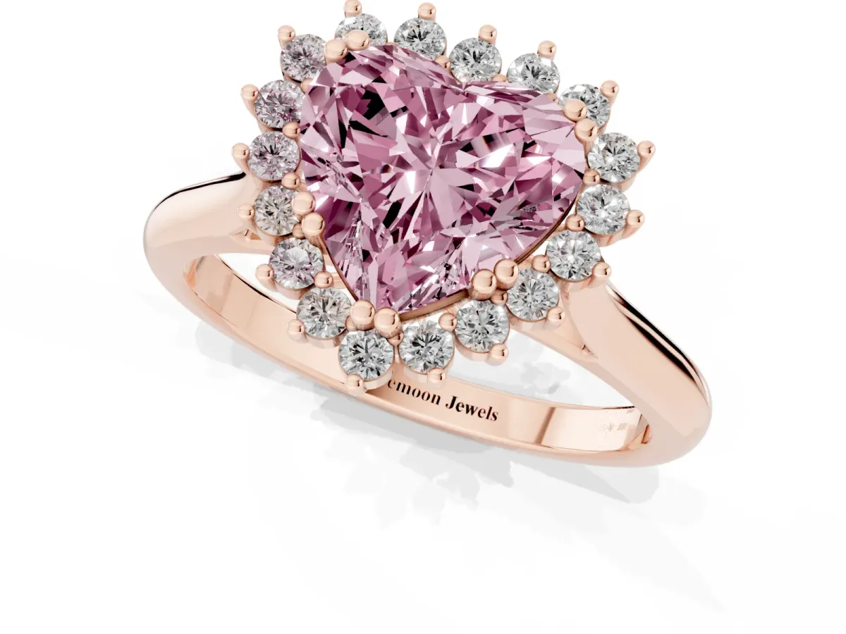 Fancy Pink Heart Cut Cut Diamond Halo Ring with Solitaire Band and Prong Setting Rose gold