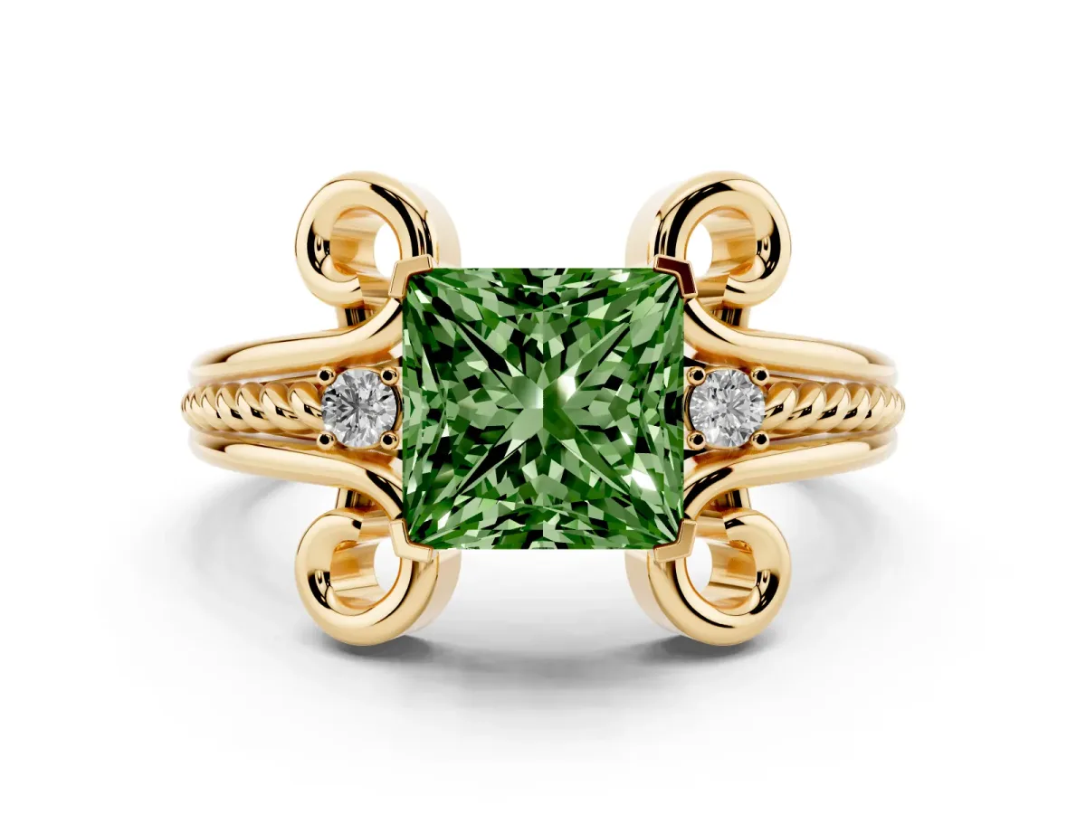 Fancy Green Princess Cut Solitaire Twisted Band Scroll Prong Ring Yellow gold