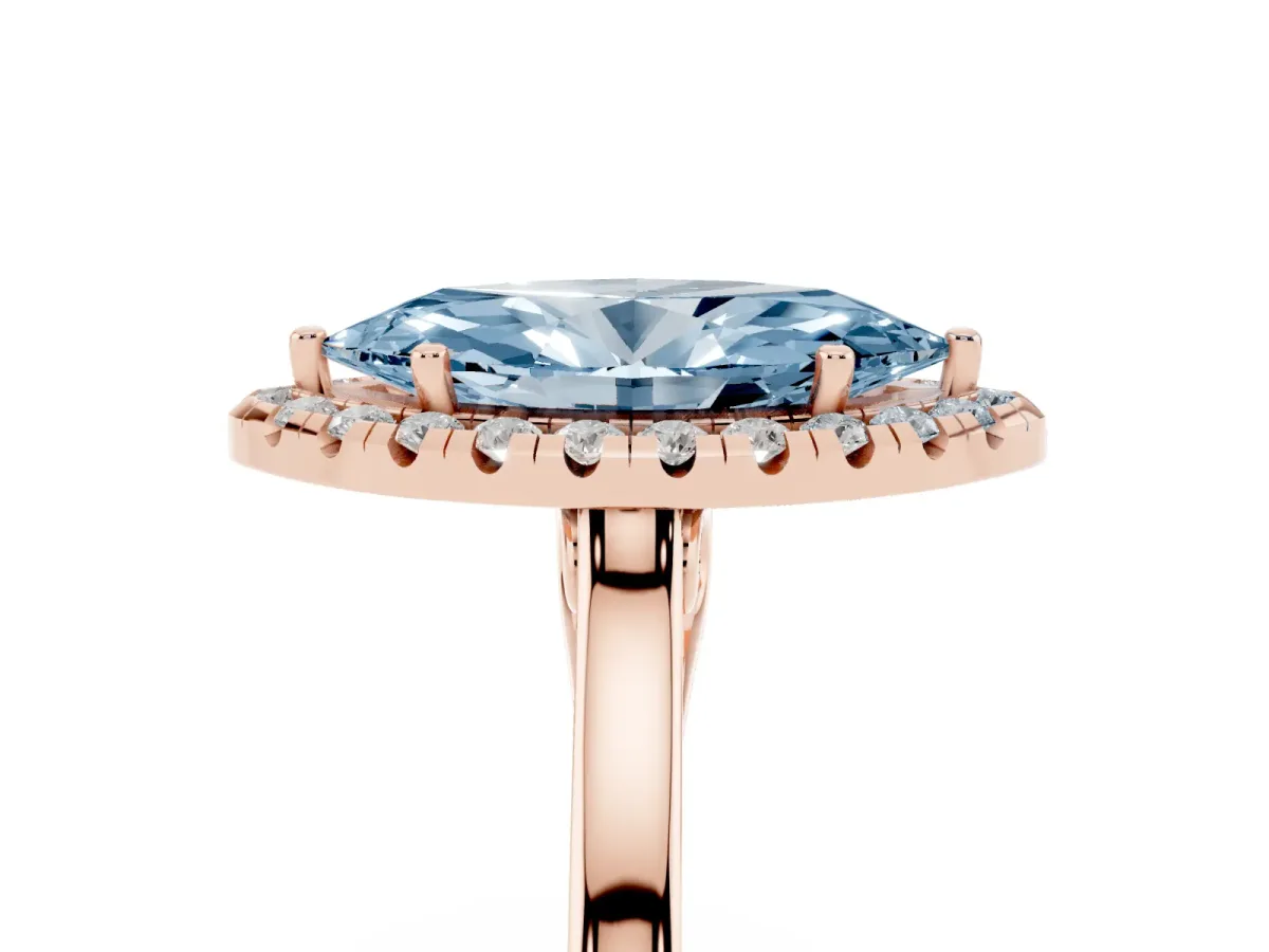 Fancy Blue Marquise Cut Halo Round Diamond Solitaire Ring with Pavé Band and Four-Prong Setting Rose gold