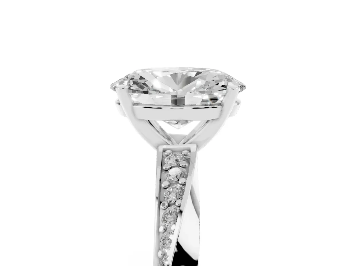 Oval Cut Diamond Engagement Ring with Side Stone Accents and Four-Prong Setting Silver