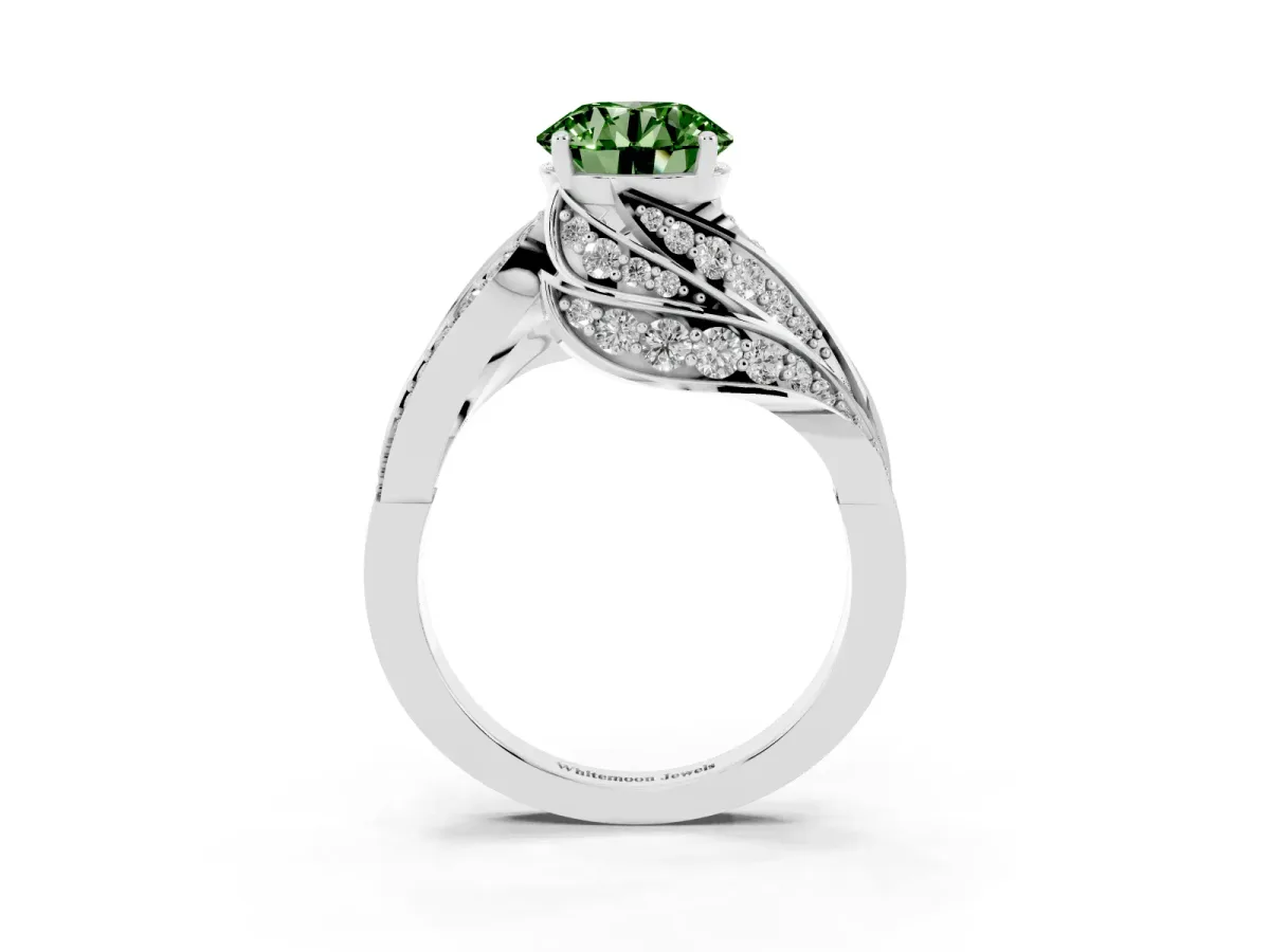 Fancy Green Round Cut Diamond Solitaire Ring with Prong Setting and Twisted Pavé Band Silver