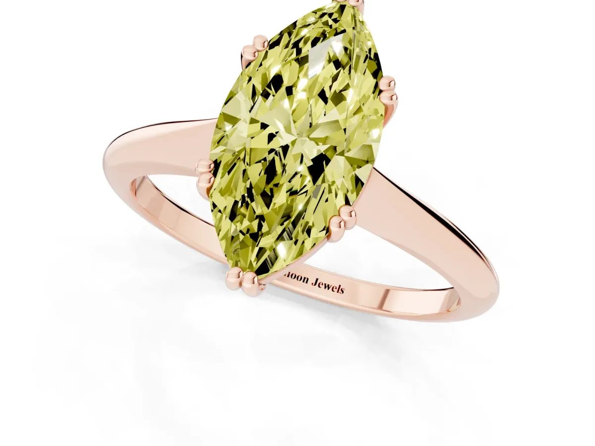 Fancy Yellow Marquise Cut Solitaire Diamond Ring with Six-Prong Setting and Classic Band Rose gold