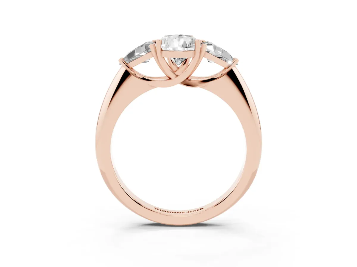 Three-Stone Pear Cut Diamond Engagement Ring with Trillion Side Stones and Prong Setting Rose gold