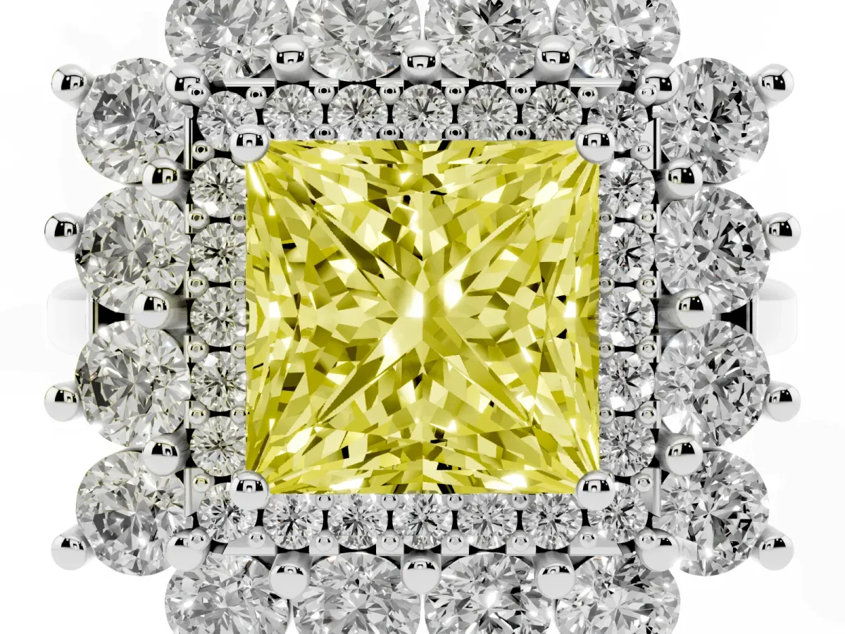 Fancy Yellow Princess Cut Diamond Floral Double Halo Engagement Ring with Prong Setting White gold