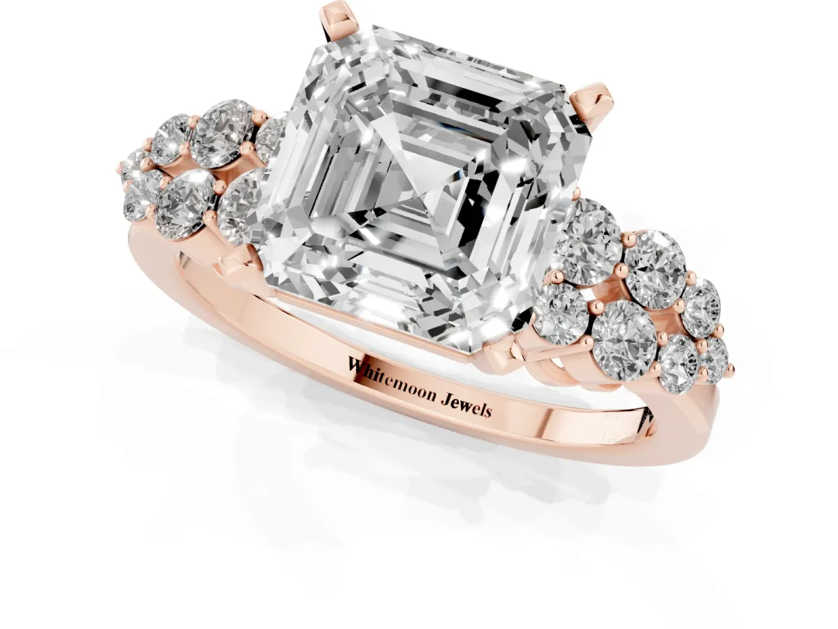 Asscher Cut Cluster Diamond Engagement Ring with Pavé Band and Four-Prong Setting Rose gold