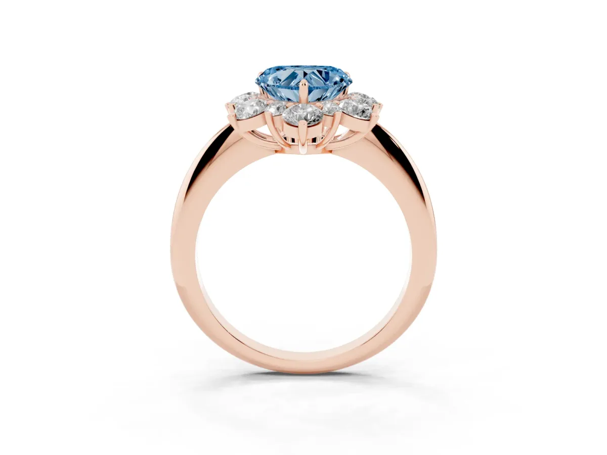 Fancy Blue Heart Cut Diamond Cluster Halo Ring with Solitaire Band and Four-Prong Setting Rose gold