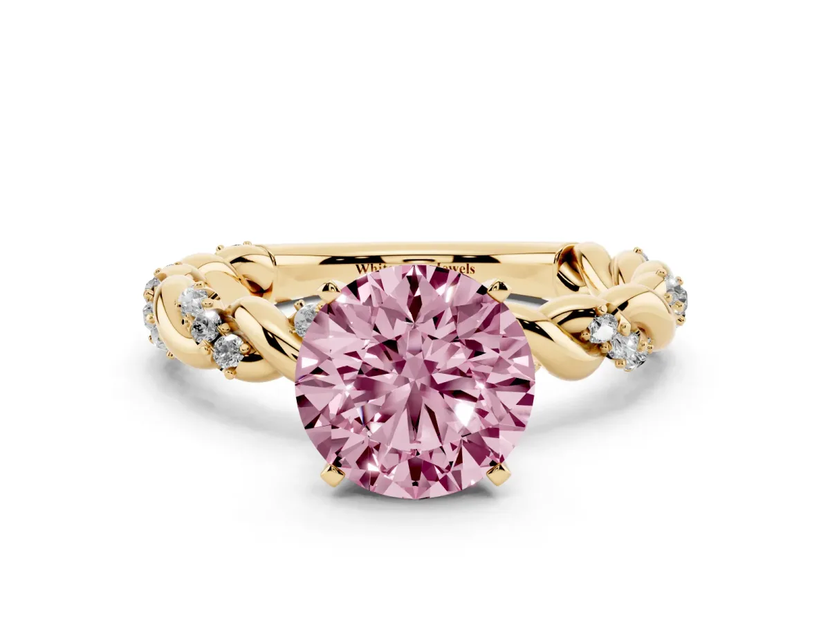Fancy Pink Round Cut Diamond Solitaire Ring with Twisted Band and Pavé Accents Yellow gold