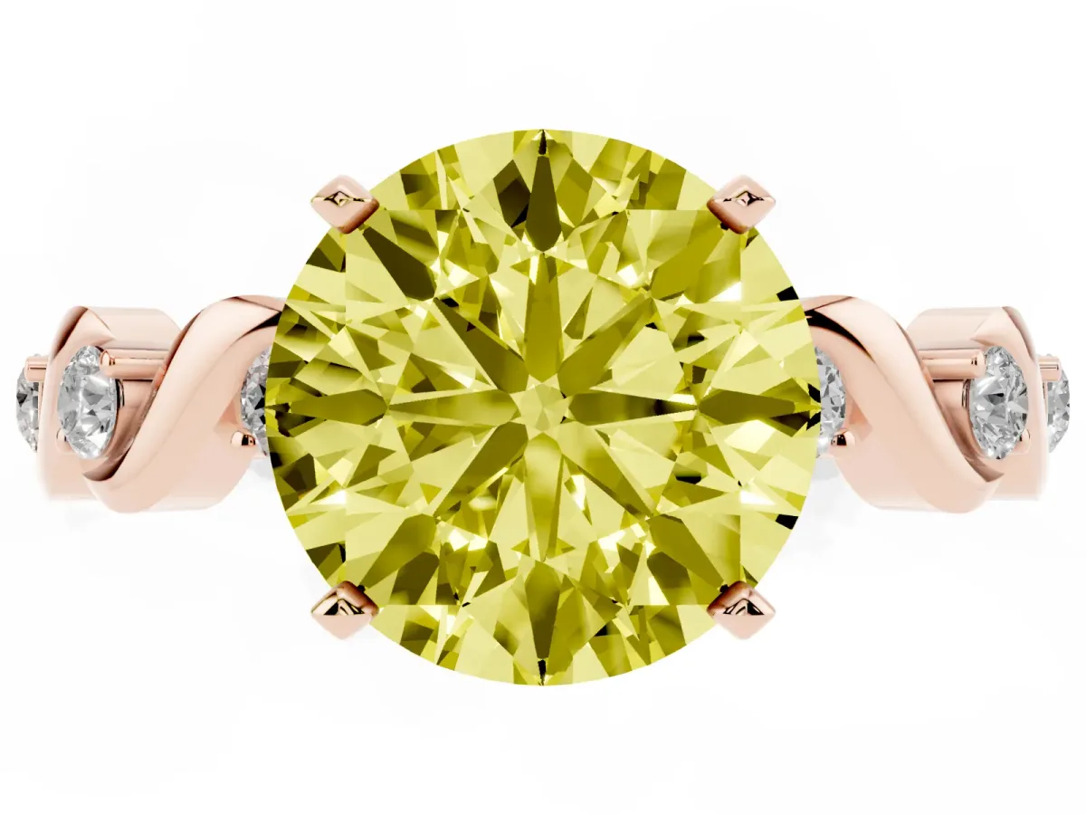 Fancy Yellow Round Cut Diamond Solitaire Twisted Band with Round Accents and Prong Setting Rose gold