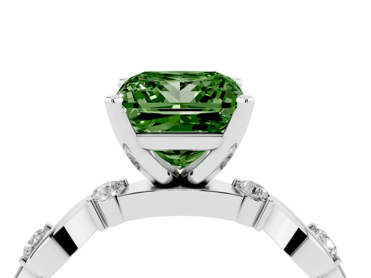 Fancy Green Princess Cut Diamond Solitaire Twisted Band with Round Accents and Prong Setting White gold