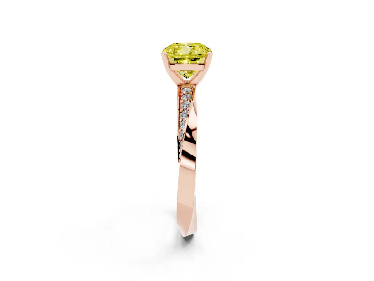 Fancy Yellow Cushion Cut Diamond Engagement Ring with Side Stone Accents and Four-Prong Setting Rose gold