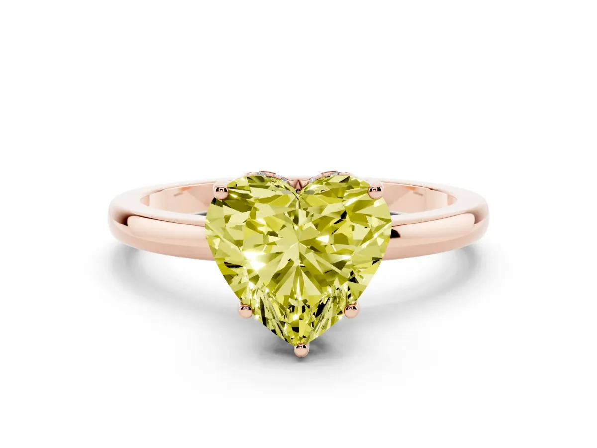 Fancy Yellow Heart Cut Solitaire Diamond Ring with Prong Setting and Plain Band Rose gold