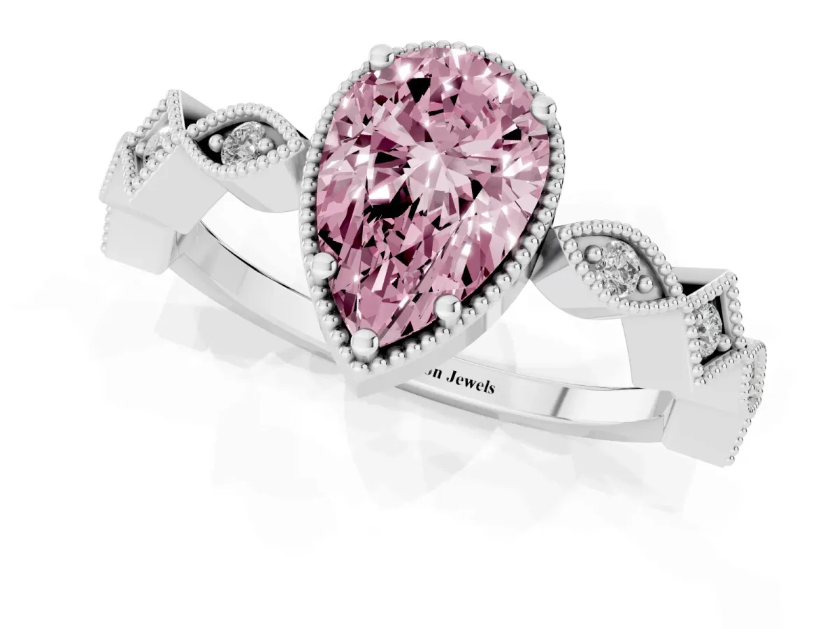 Fancy Pink Pear Cut Milgrain Marquise Diamond Twist Band Ring Silver