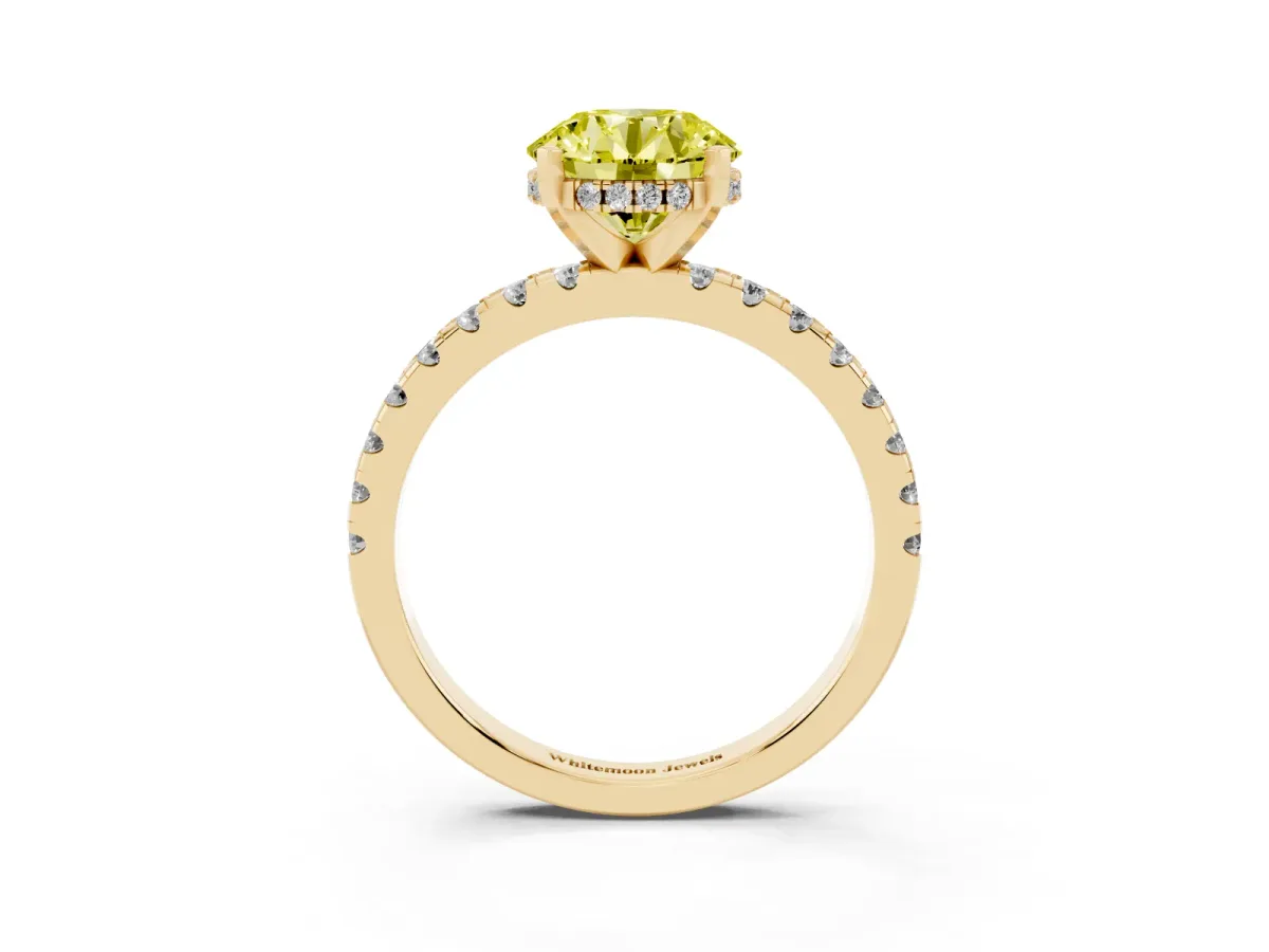 Fancy Yellow Round Cut Diamond Solitaire Ring with Round Pavé Band and Four-Prong Setting Yellow gold