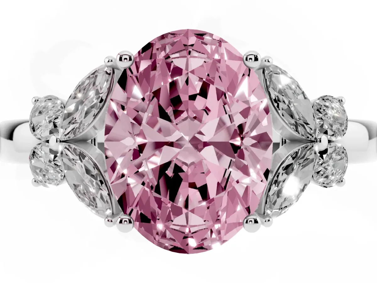 Fancy Pink Oval Cut Cut Solitaire Floral Diamond Ring with Four-Prong Setting Silver