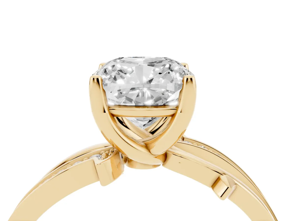 Cushion Cut Solitaire Twist Band with Pavé Accents and Four-Prong Setting Yellow gold