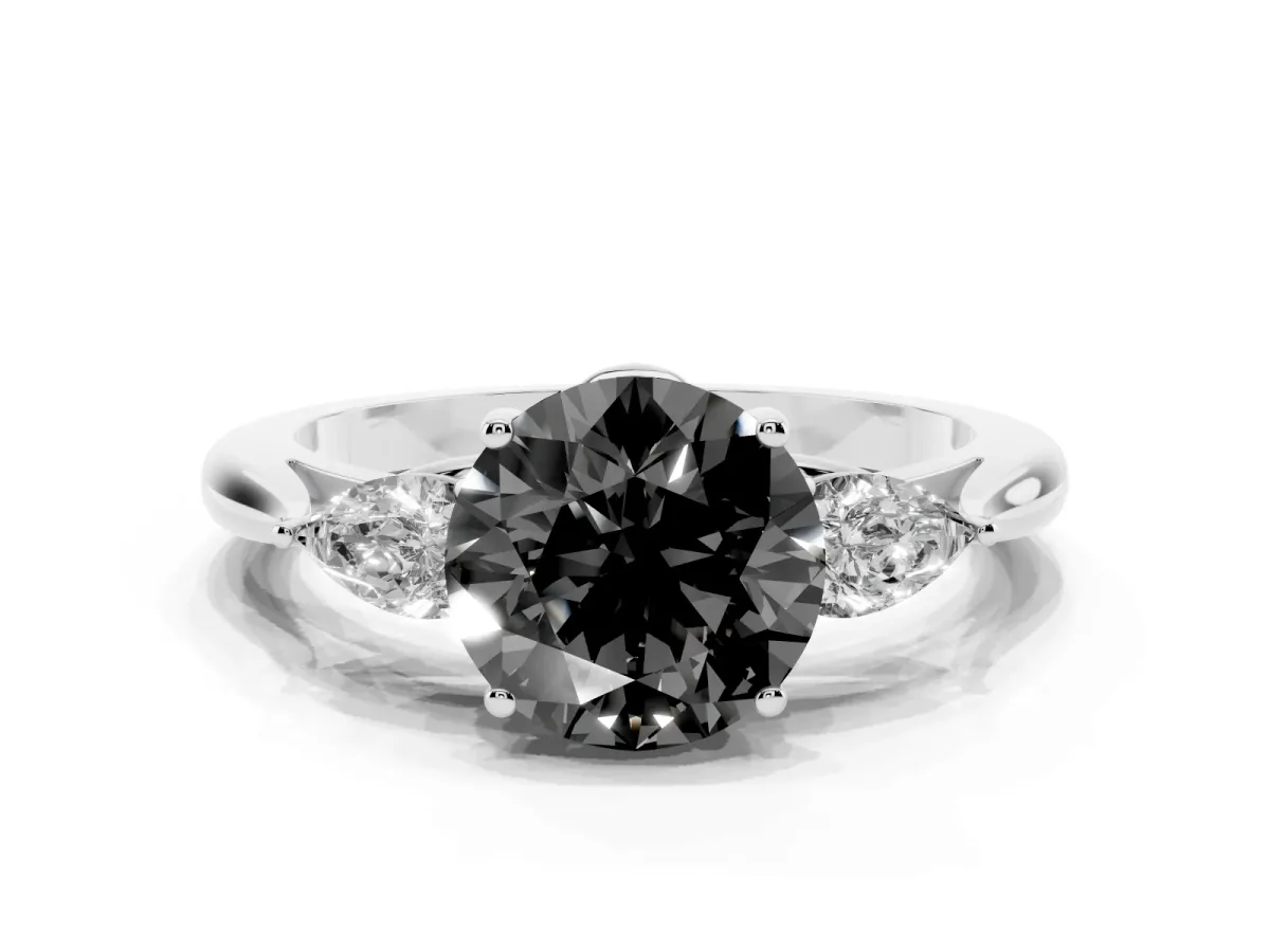 Fancy Black Round Cut Diamond Three-Stone Ring with Pear Side Stones and Prong Setting Platinum
