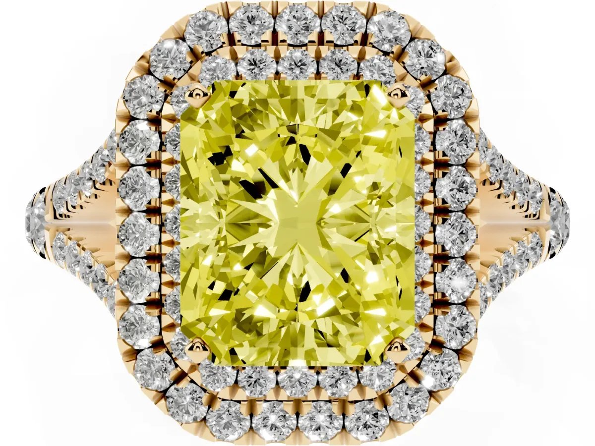 Fancy Yellow Radiant Cut Cut Double Halo Split Shank Diamond Ring with Prong Setting Yellow gold