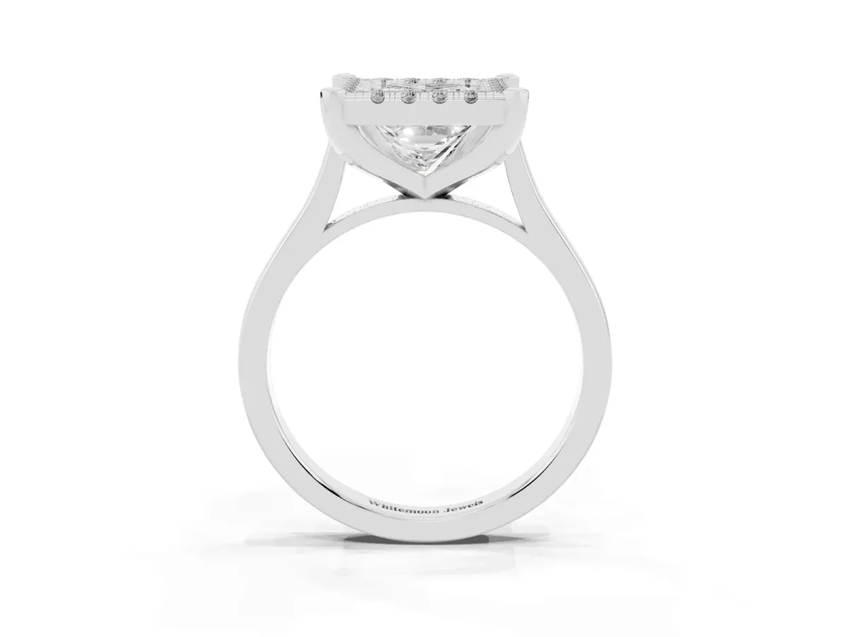 Princess Cut Diamond Cluster Halo Solitaire with Four-Prong Setting Silver