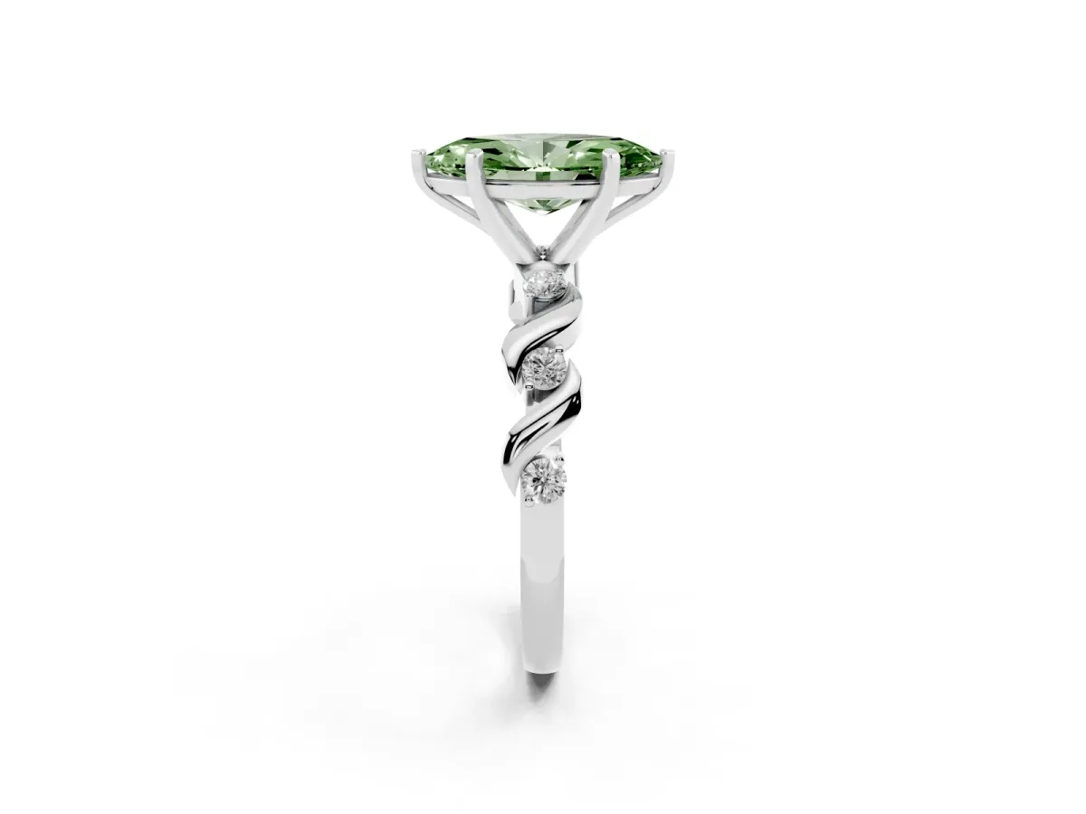 Fancy Green Marquise Cut Diamond Solitaire Twisted Band with Round Accents and Prong Setting Silver