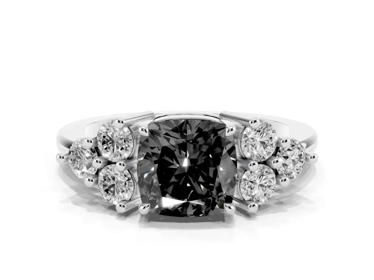 Fancy Black Cushion Cut Brilliant Diamond Cluster Accent Solitaire Ring with Prong Setting Silver