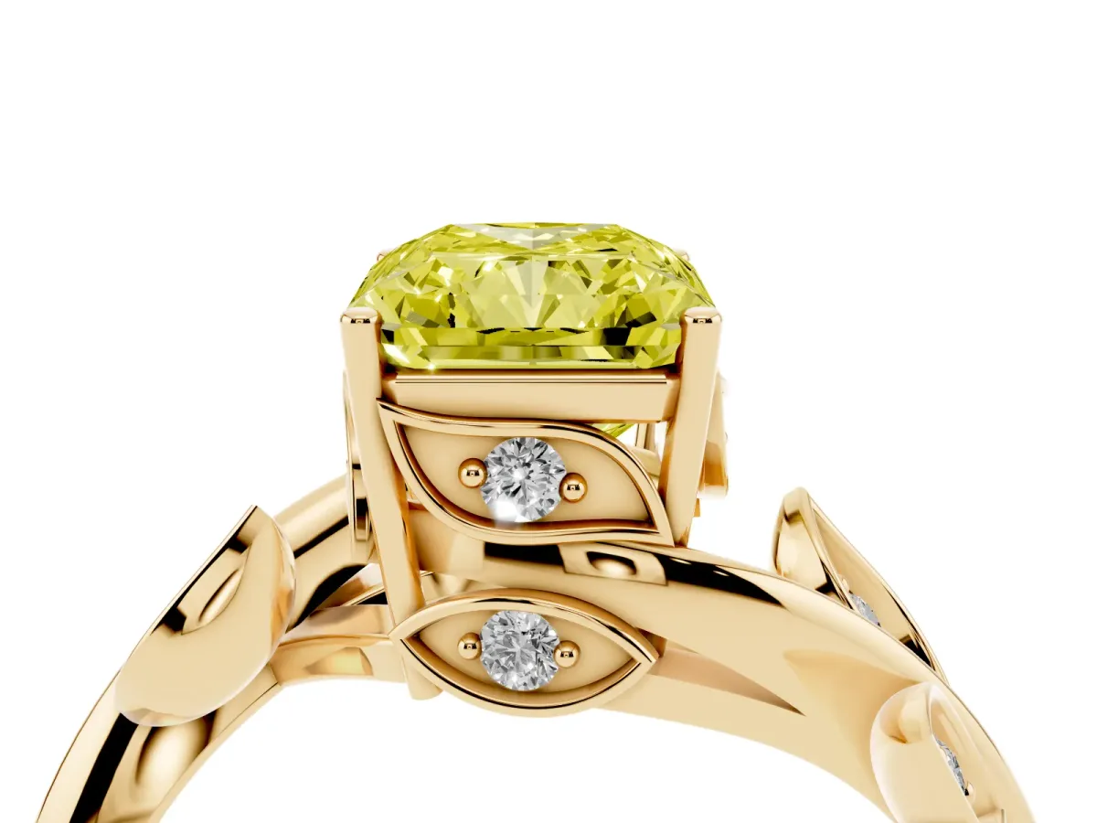 Fancy Yellow Radiant Cut Solitaire Twist Engagement Ring with Leaf Accents and Prong Setting Yellow gold