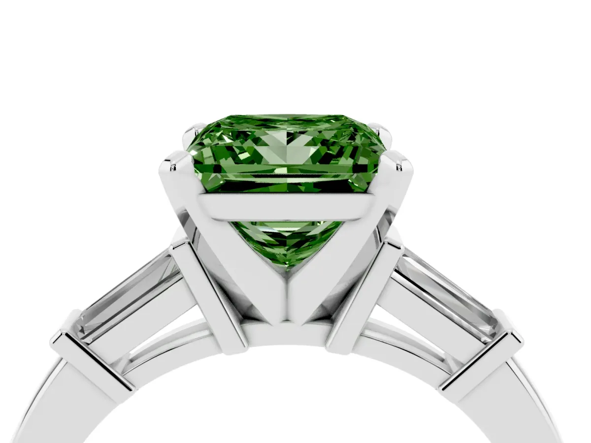 Fancy Green Princess Cut Cut Diamond Solitaire Ring with Tapered Baguette Accents and Four-Prong Setting Platinum