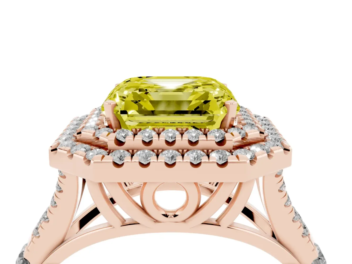 Fancy Yellow Asscher Cut Diamond Pavé Split Shank Double Halo Engagement Ring Rose gold