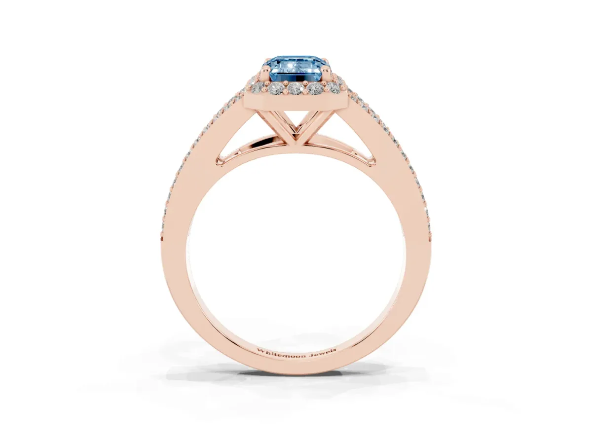 Fancy Blue Emerald Cut Halo Split Shank Diamond Ring with Prong Setting Rose gold
