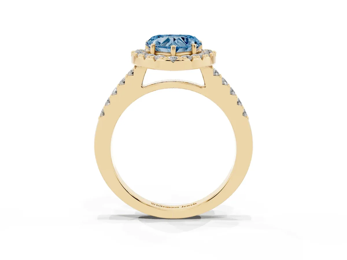Fancy Blue Heart Cut Halo Diamond Pavé Solitaire Ring Yellow gold