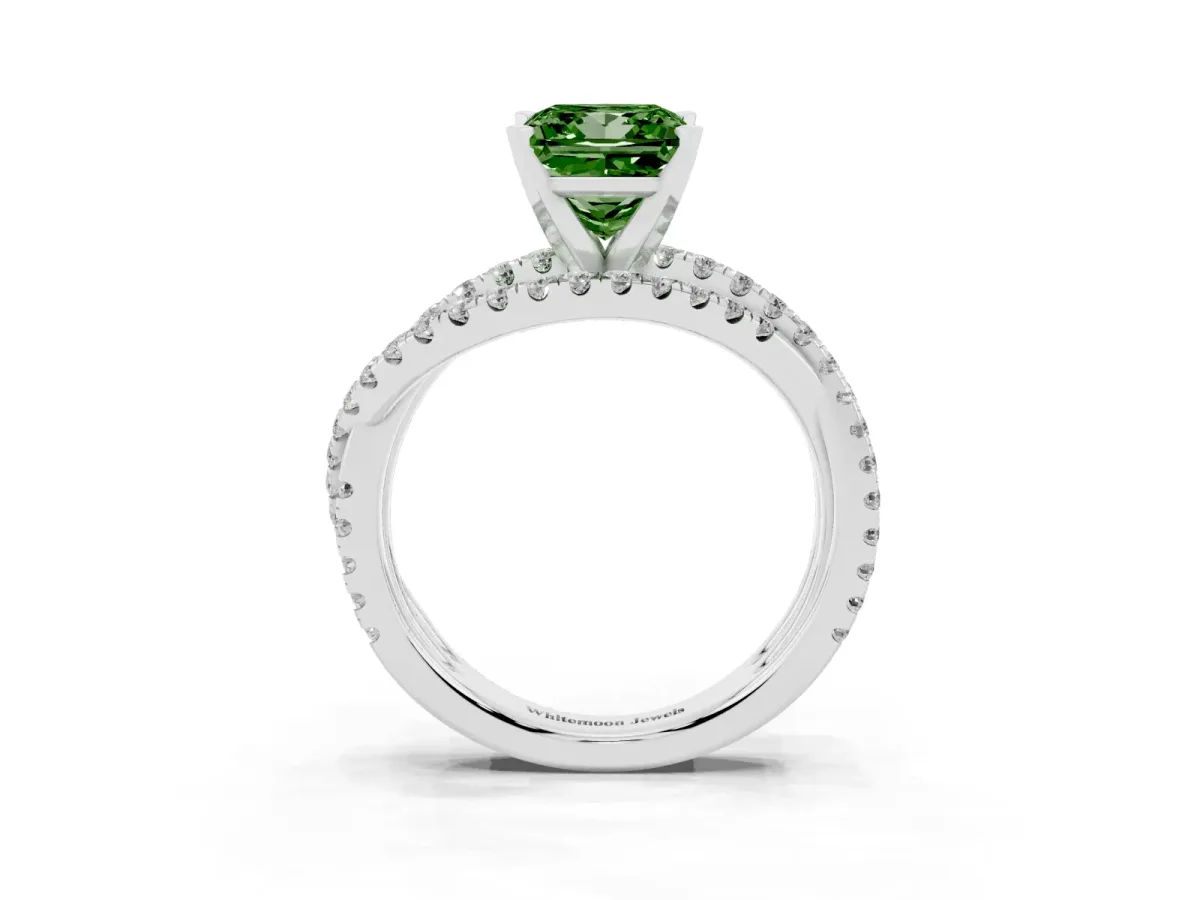 Fancy Green Princess Cut Solitaire Twist Band with Pavé Setting and Four-Prong Setting Silver