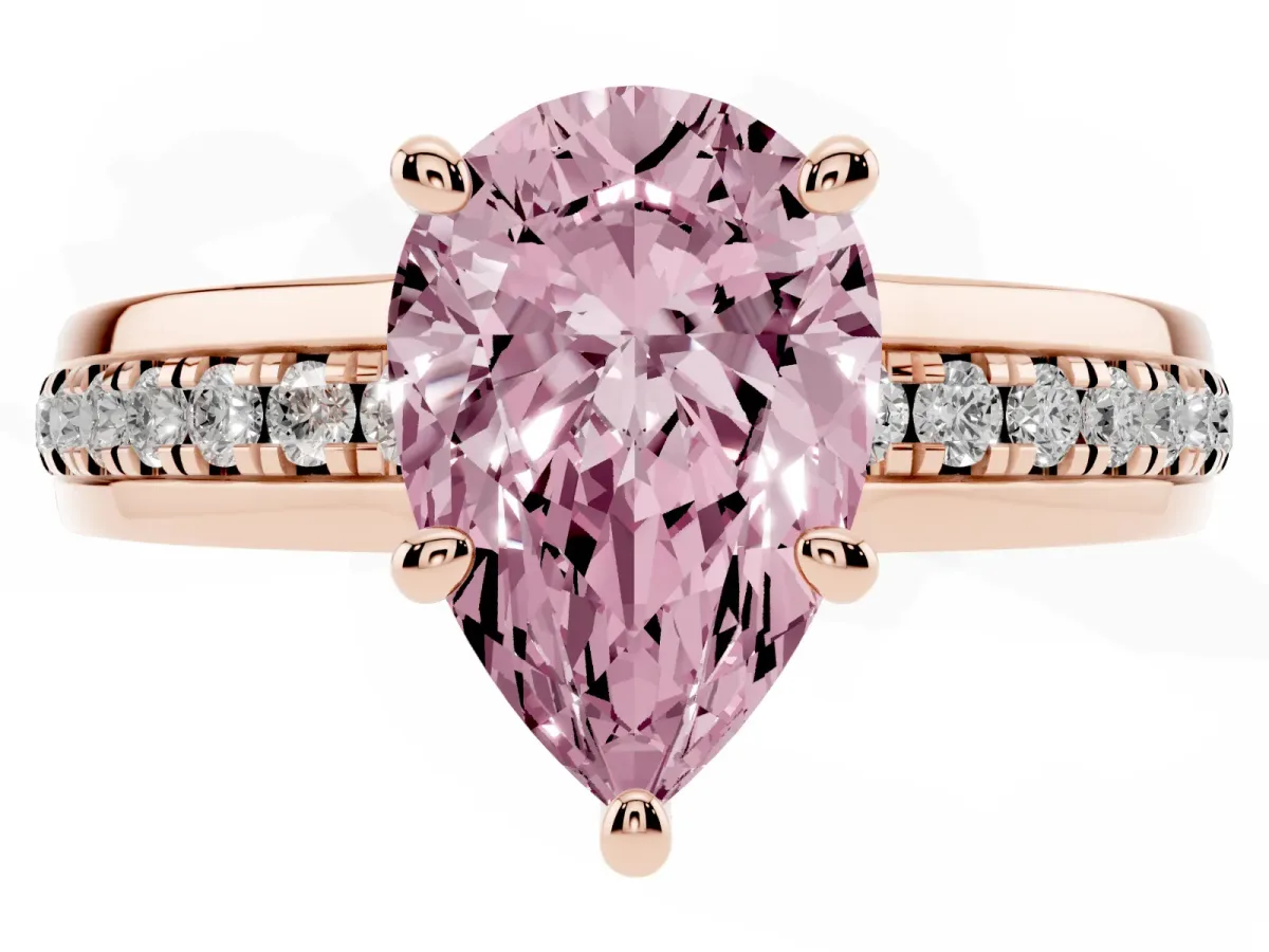 Fancy Pink Pear Cut Solitaire Diamond Ring with Channel Set Band and Six-Prong Setting Rose gold