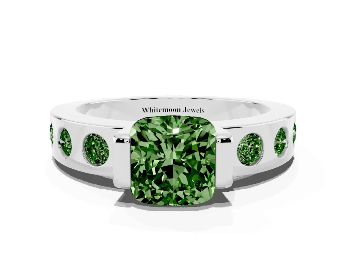 Fancy Green Cushion Cut Brilliant Channel-Set Diamond Ring with Bezel Prong Setting Silver
