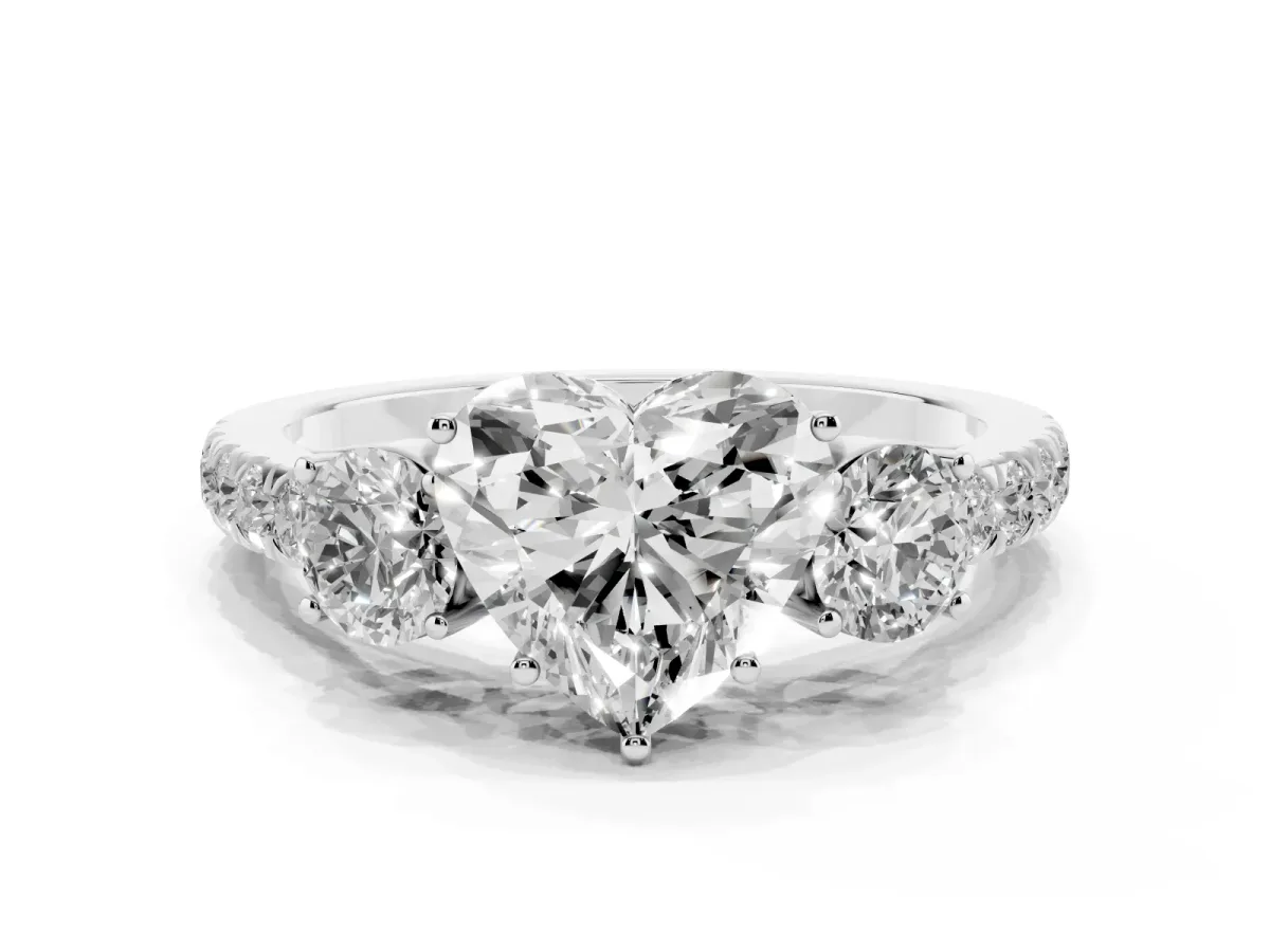 Heart Cut Cut Diamond Three-Stone Ring with Round Side Stones and Pavé Band Silver