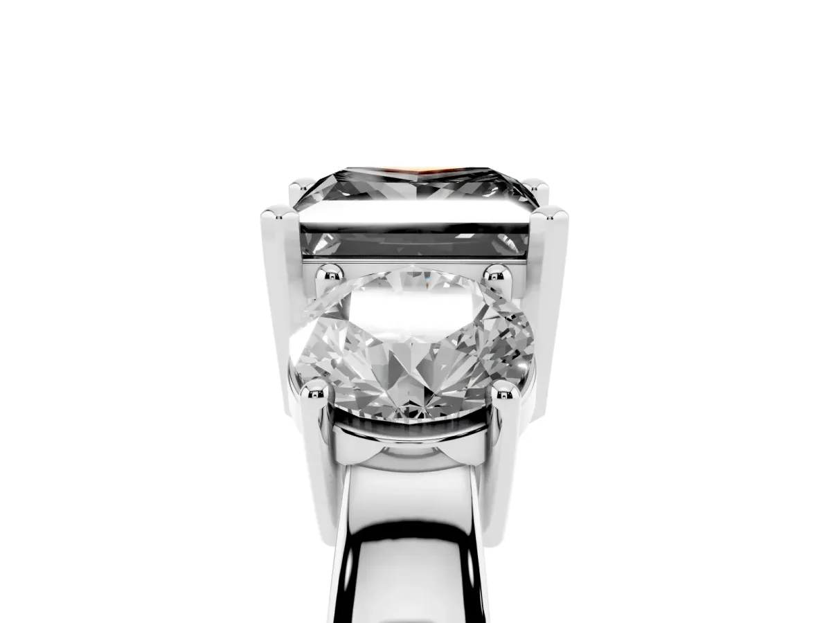 Fancy Black Three-Stone Princess Cut Diamond Ring with Round Side Stones, Classic Band, and Four-Prong Setting Platinum