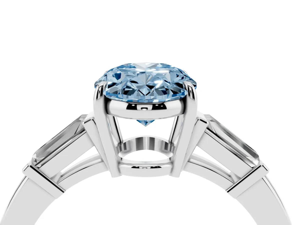Fancy Blue Oval Cut Diamond Three-Stone Ring with Tapered Baguette Side Stones and Prong Setting Silver
