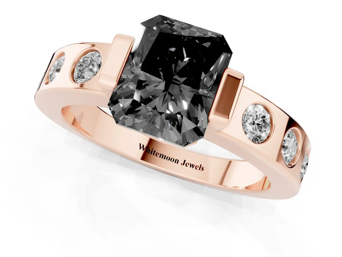Fancy Black Radiant Cut Brilliant Channel-Set Diamond Ring with Bezel Prong Setting Rose gold