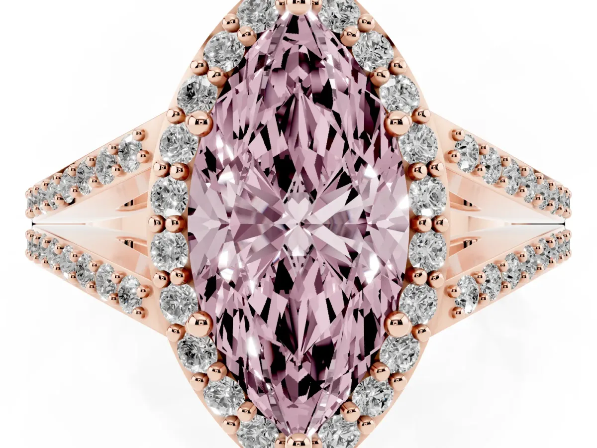Fancy Pink Marquise Cut Halo Split Shank Diamond Ring with Prong Setting Rose gold