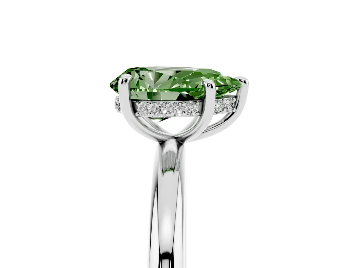 Fancy Green Pear Cut Diamond Solitaire Ring with Thin Band and Four-Prong Setting White gold